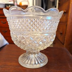 Vintage Anchor Hocking Clear Glass Footed Compote Fruit Bowl Scallop Rim